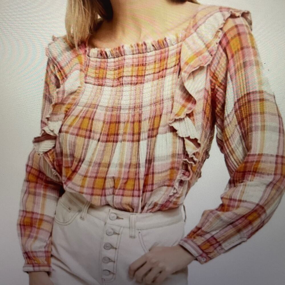Free People Plaid Ruffle Tie Back Top - EUC Sz Large